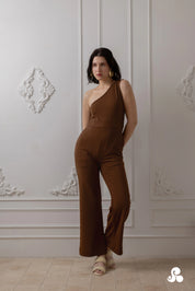 RUST KNIT ONE-SHOULDER JUMPSUIT